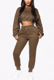 Khaki Casual Two Piece Suits Patchwork Solid Straight Long Sleeve Two-piece Pants Set