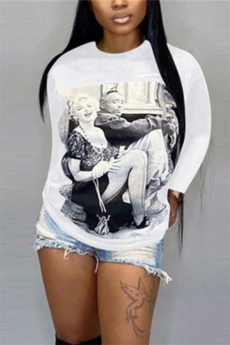 White O Neck Long Sleeve Print Tees & T-shirts