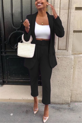 Black Fashion Celebrities adult Two Piece Suits Solid Straight Long Sleeve