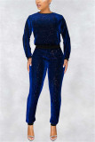 Blue adult Sexy Fashion Sequin Two Piece Suits Geometric pencil Long Sleeve Two-piece Pants Se