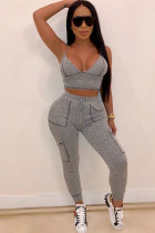 Grey Sexy Fashion Solid Patchwork pencil Sleeveless Two-piece Pants Set