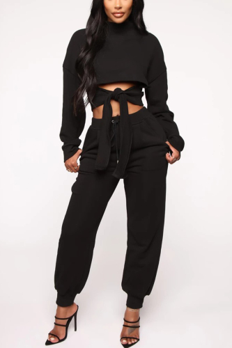 Black Fashion Casual Dew Waist Bandage Two Pieces