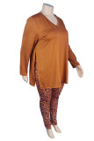 Tangerine Red Casual Solid Patchwork Slit V Neck Long Sleeve Two Pieces