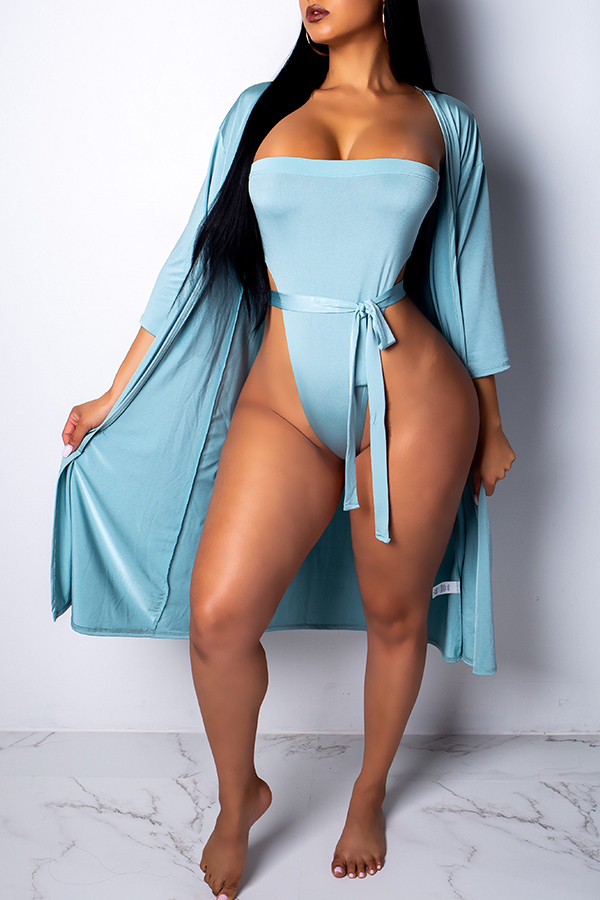Baby Blue Sexy Dew Shoulder One-piece Swimwears(With CoverUp)