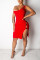 Red Fashion Sexy One Shoulder Sleeveless one shoulder collar Asymmetrical Knee-Length Solid fa