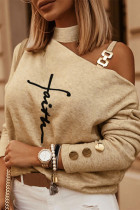 Khaki Casual Print Hollowed Out Turtleneck Tops
