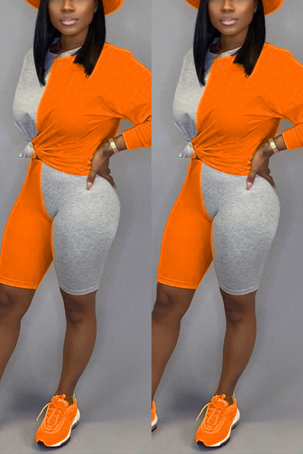 Orange Casual Contrast Splicing Long Sleeve Two-Piece Suit