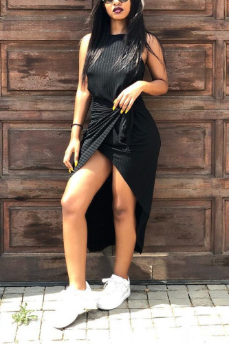 Black Fashion Casual Sexy Cap Sleeve Sleeveless O neck Asymmetrical Mid-Calf Draped Solid split