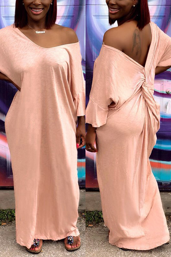 Pink Fashion Casual V-neck Light Long Dress