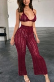 Wine Red Sexy Fashion HOLLOWED OUT Solid crop top Bandage Slim fit Two Piece Suits asymmetrical Str
