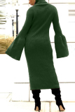 Green Sexy Bell sleeve Long Sleeves Turtleneck Step Skirt Mid-Calf asymmetrical Solid Patchwork