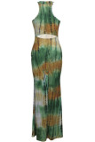 Green Fashion Sexy Tank Sleeveless O neck Asymmetrical Floor-Length Print Patchwork Club Dresse