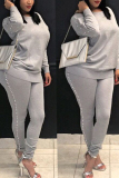 Grey Casual Round Neck Pearl Decoration Blending Two-Piece Pants Set