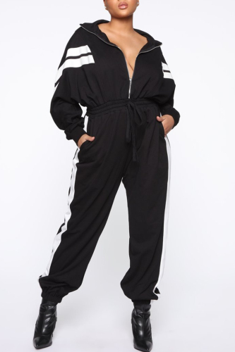 Black Casual Sports Striped Print Stitching Loose Jumpsuit