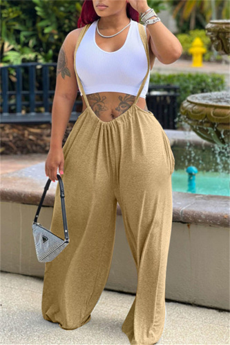 Camel Casual Solid Backless Spaghetti Strap Regular Jumpsuits (Without Vest)