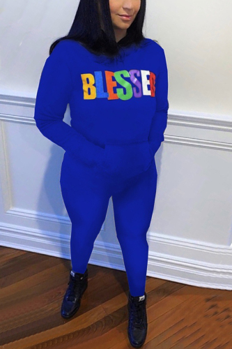 Blue Casual Sports Loose Hooded Print Two Piece Suit