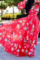 Red Bohemian Floral Printed Blending Floor Length Dress