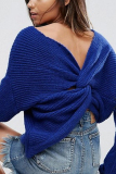 Blue Fashion Halter V-Neck Knotted Sweater