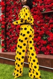 Yellow venetian Casual Dot Print Two Piece Suits Patchwork Straight Long Sleeve Two-piece Pants Set