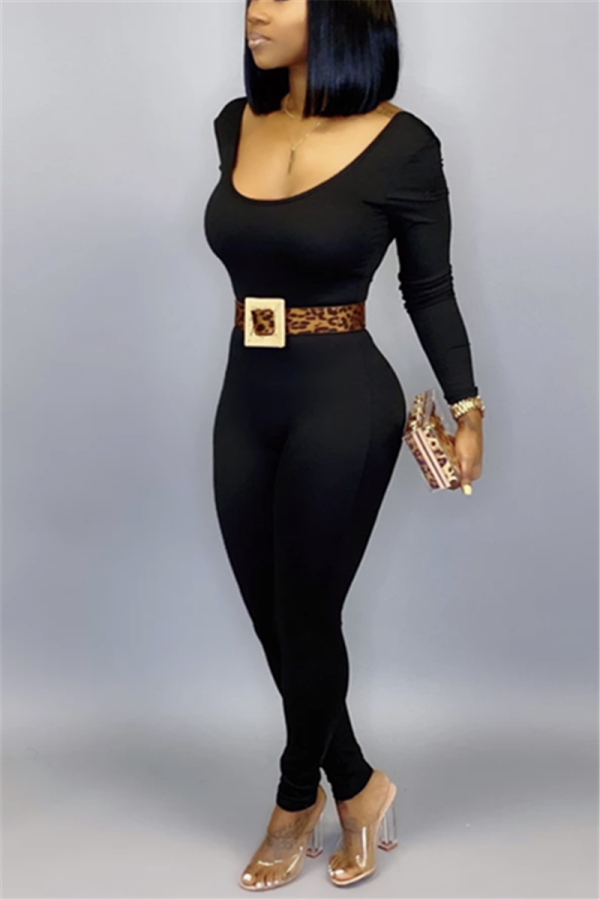Black Sexy Fashion Backless Solid Long Sleeve O Neck Jumpsuits