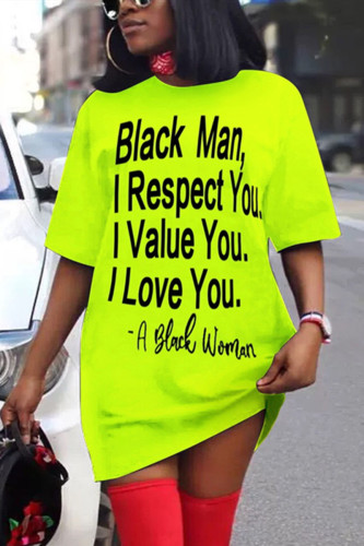Fluorescent Yellow England Black Shirt sleeves Short Sleeves O neck Step Skirt Knee-Length Print Character Dresses