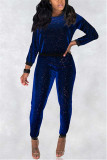 Blue adult Sexy Fashion Sequin Two Piece Suits Geometric pencil Long Sleeve Two-piece Pants Se
