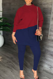 Red Yellow Casual Solid Patchwork Slit O Neck Long Sleeve Two Pieces