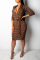 Brown Sexy Fashion Cap Sleeve 3/4 Length Sleeves V Neck Slim Dress Knee-Length Print Patchwork Club Dress
