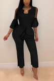 Black Fashion V Neck Ruffled Lace Sleeves With Irregular Jumpsuit