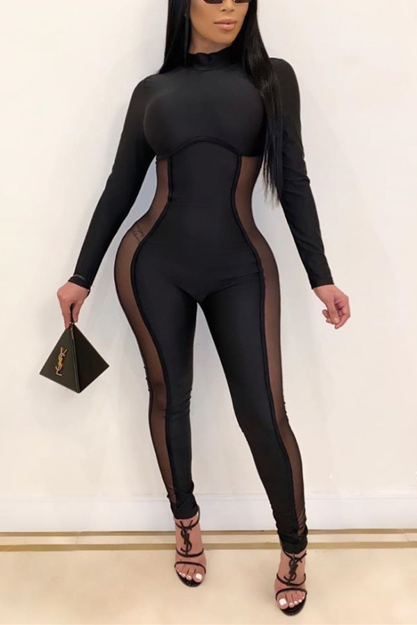 Black Sexy Perspective Long Sleeve Stitching Jumpsuit