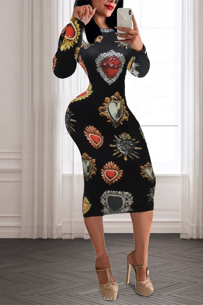 

Black Fashion Printing Long Sleeve Dress