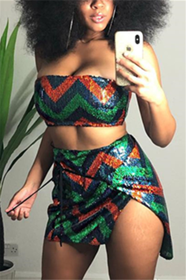 Green Fashion Sexy Wavy Sequin Sling Two Piece Set