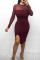 Wine Red Fashion adult Sexy Cap Sleeve Long Sleeves O neck A-Line Knee-Length Mesh Solid split Patc