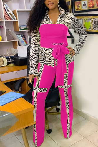 rose red adult OL Fashion Bandage Print Two Piece Suits Patchwork contrast color Loose Long Sleeve