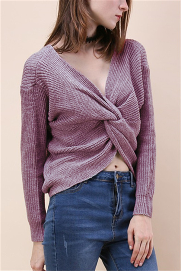 Light Purple Fashion Halter V-Neck Knotted Sweater