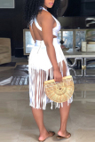 White Sexy Wrapped Breast Tassel Straight Dress