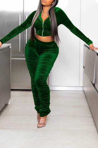 Green Street Solid Fold Hooded Collar Long Sleeve Two Pieces