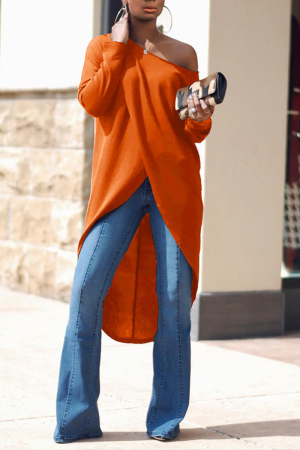 Orange adult Casual Fashion Cap Sleeve Long Sleeves O neck Asymmetrical Mid-Calf asymmetrical hol