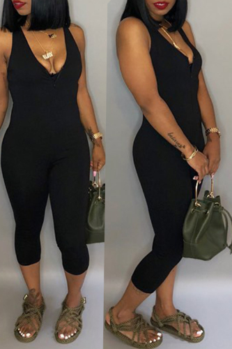 Black Fashion V Neck Twilled Satin One-piece Jumpsuit