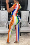 Multicolor Sexy Round Neck Strap Striped Slim Jumpsuit