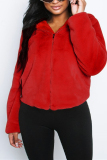 Rose Red Fashion Comfortable Hooded Zipper Fur Fluff Coat