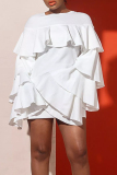 White Fashion Sexy Bell sleeve Long Sleeves O neck A-Line Mini Patchwork ruffle Solid Club Dresses