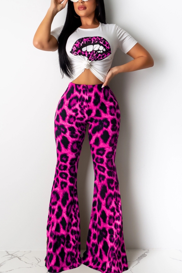 Rose Red Fashion Sexy Leopard Print Lip Two-Piece Suit