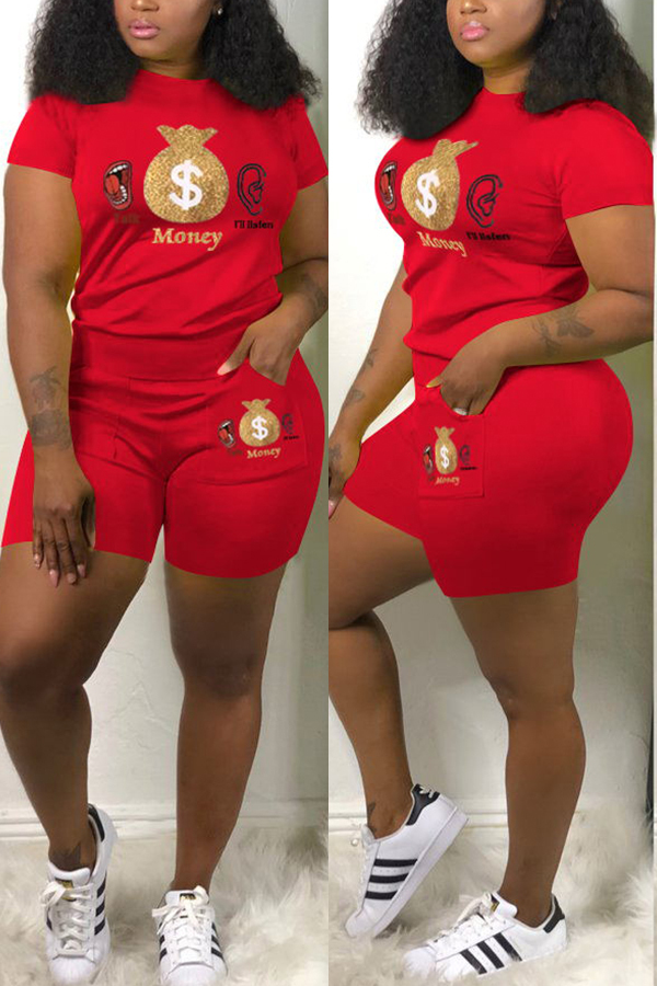 Red Leisure Sports Letter Print Two-piece