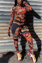 Red Fashion Casual Print Two-Piece Suit