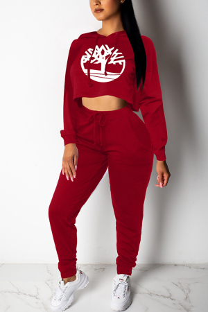 Wine Red Casual Sports Crop Loose Sweater Print Two Piece Suit