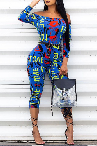 Blue Drawstring Mid Print Skinny Capris Jumpsuits & Rompers