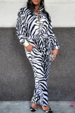 Black Fashion street zipper Print Striped Long Sleeve Turndown Collar Jumpsuits