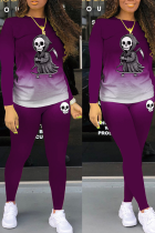 Purple Party Print Skull O Neck Long Sleeve Two Pieces