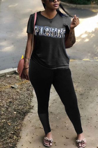Black Fashion Casual Printed T-shirt Trousers Set